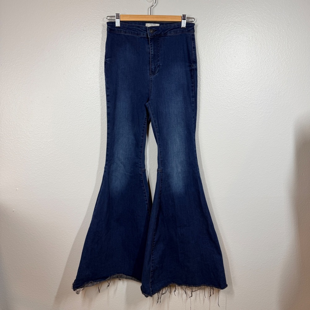 Free People Jeans Women 27 Blue Just Float On Flare High Rise Raw Hem Stretch
